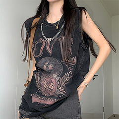 Grunge Foral Logo Oversized Ripped Tank Top