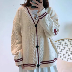 Oversize Star Embroidered Cable Knit Cardigan