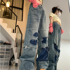 Patchwork Distressed Straight Leg Jeans