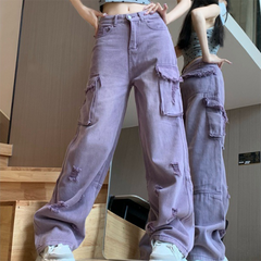 Purple Washed Distressed Ripped Cargo Cargo Jeans