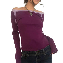 Contrast Color Off Shoulder Long Sleeve Tee