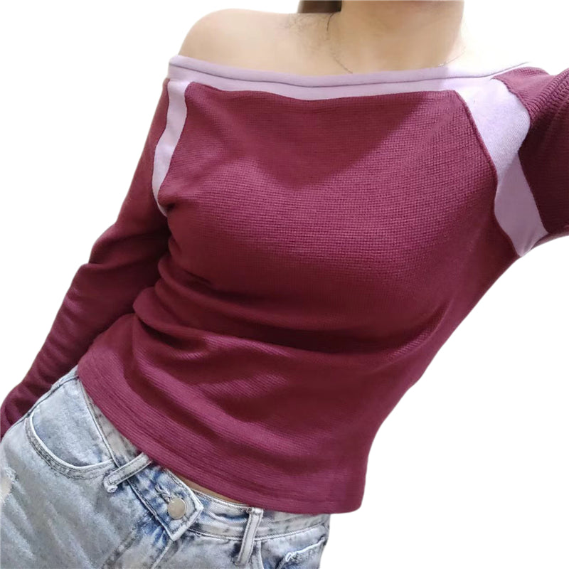 Contrast Color Off Shoulder Long Sleeve Tee