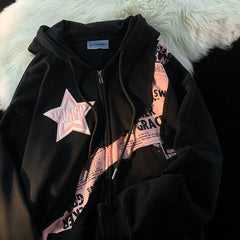 Star Letter Print Patchwork Oversized Hoodie