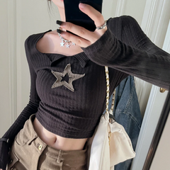 Star Patch Long Sleeve Knit Crop Top