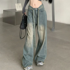 Tie Strap Seam Detail Vintage Washed Jeans