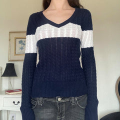 V Neck Striped Cable Knit Downtown 90s Top