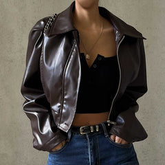Chaqueta corta vintage marrón con cuello de solapa y cremallera