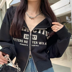 Vintage Letter Printed Zip Up Hoodie