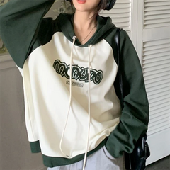 Vintage Raglan Contrast Color Print Oversized Hoodie