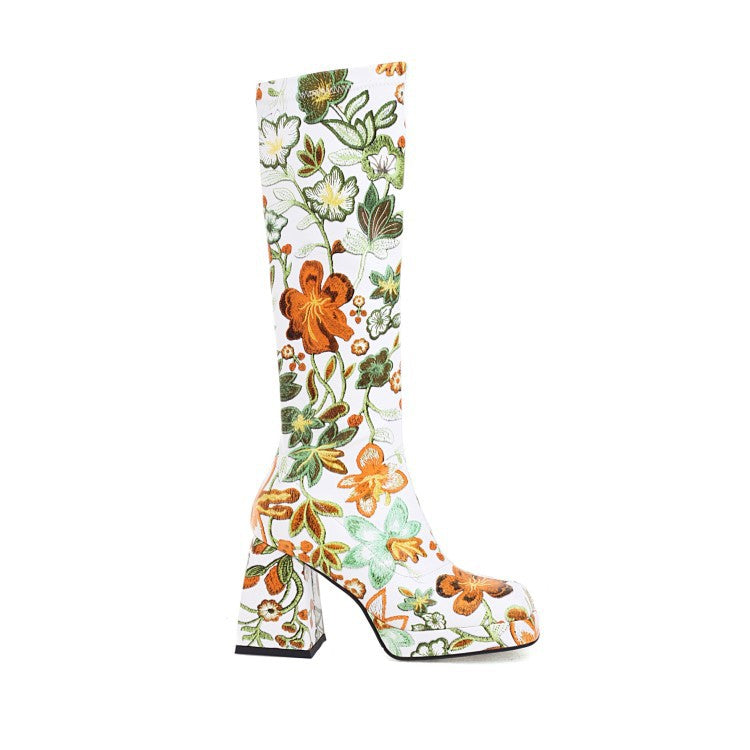 Colorful Floral Square Toe Boots