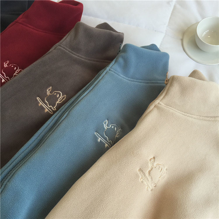 Embroidery Zip Up Fleece Jacket