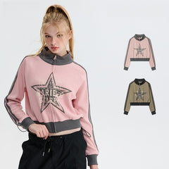 Contrast Color Star Letter Print Short Jacket