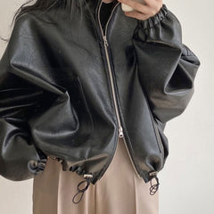 Solid Big Pocket Drawstring Collar Neck Leather Jacket