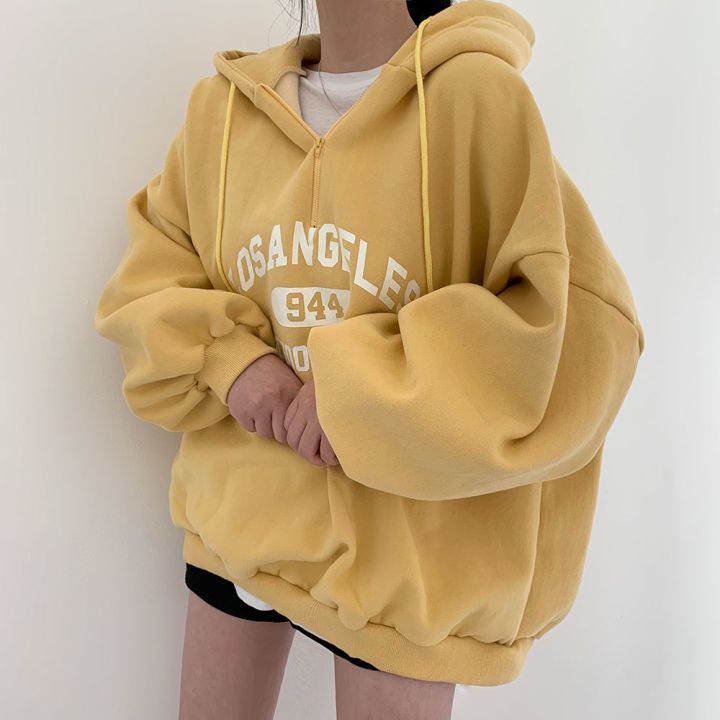 Vintage Letter Print Half Zip Oversized Hoodie