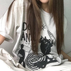 Cat Print Oversized Short Sleeve Tee