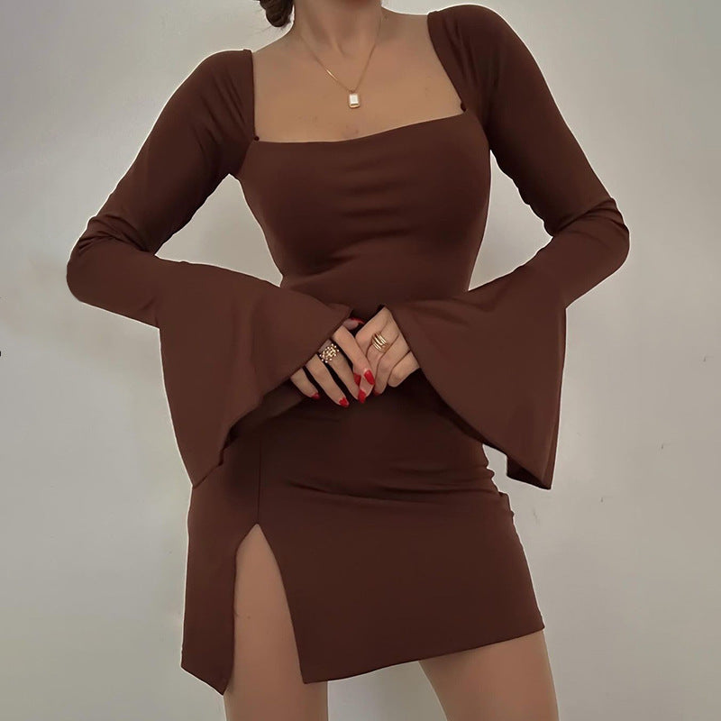 Solid Color Backless Flare Sleeve Mini Dress