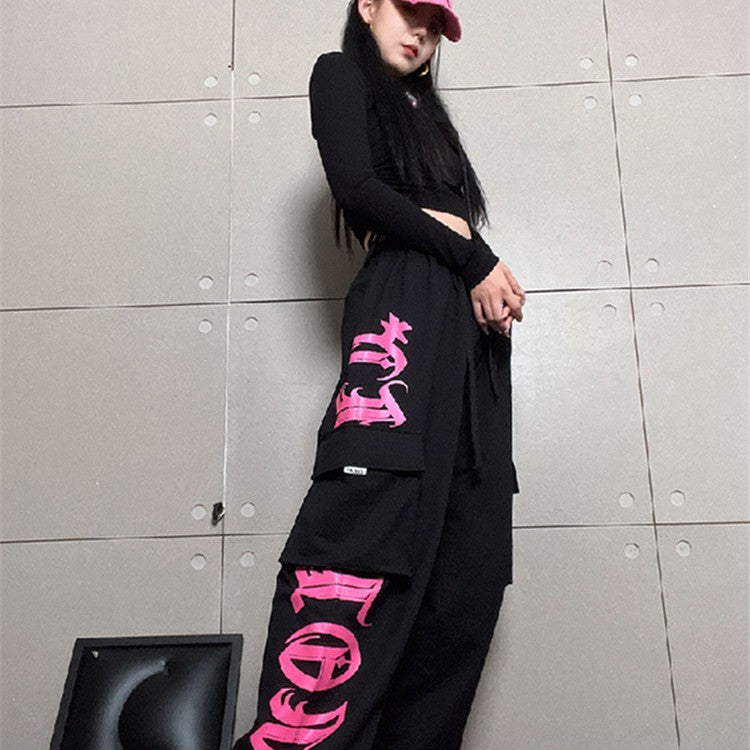 Gothic Letter Pocket Patch Wide Leg Sweatpants