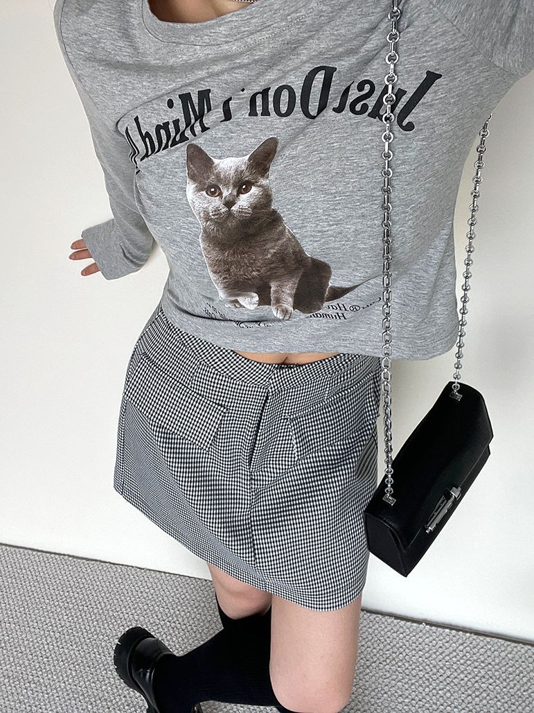 Aesthetic Cat Print Long Sleeve Crop Top