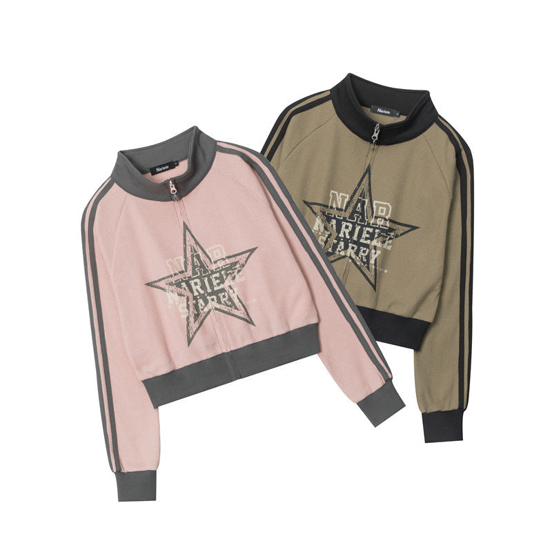 Contrast Color Star Letter Print Short Jacket