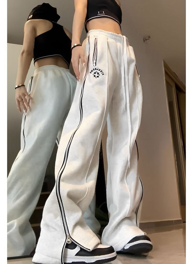 Side Zip Up Stretchy Waist Loose Sweatpants