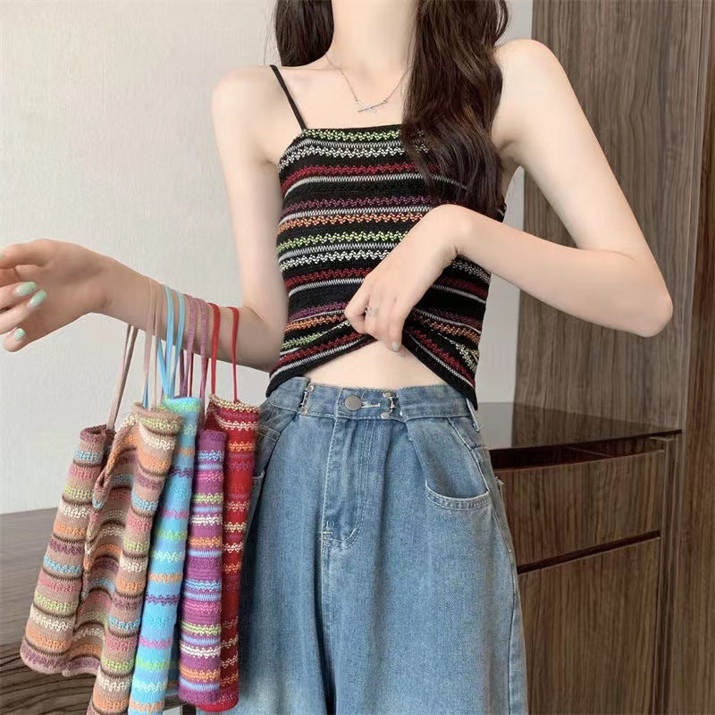 Color Block Striped Knitted Crop Cami Top