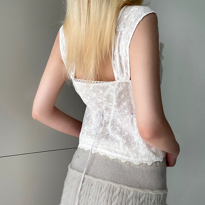 Embroidered Bow Lace Stitching Tank Top