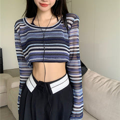 Contrast Striped Crochet Knit Crop Top