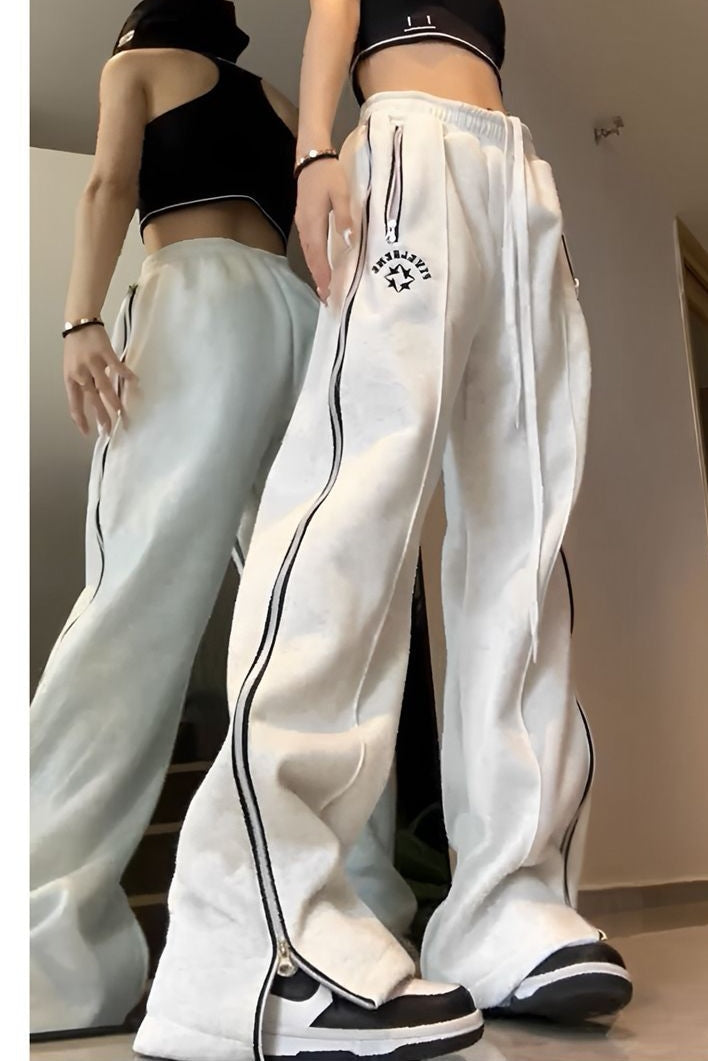 Side Zip Up Stretchy Waist Loose Sweatpants