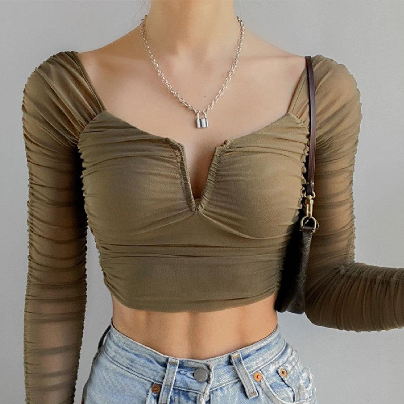 Ruched Mesh Long Sleeve Crop Top