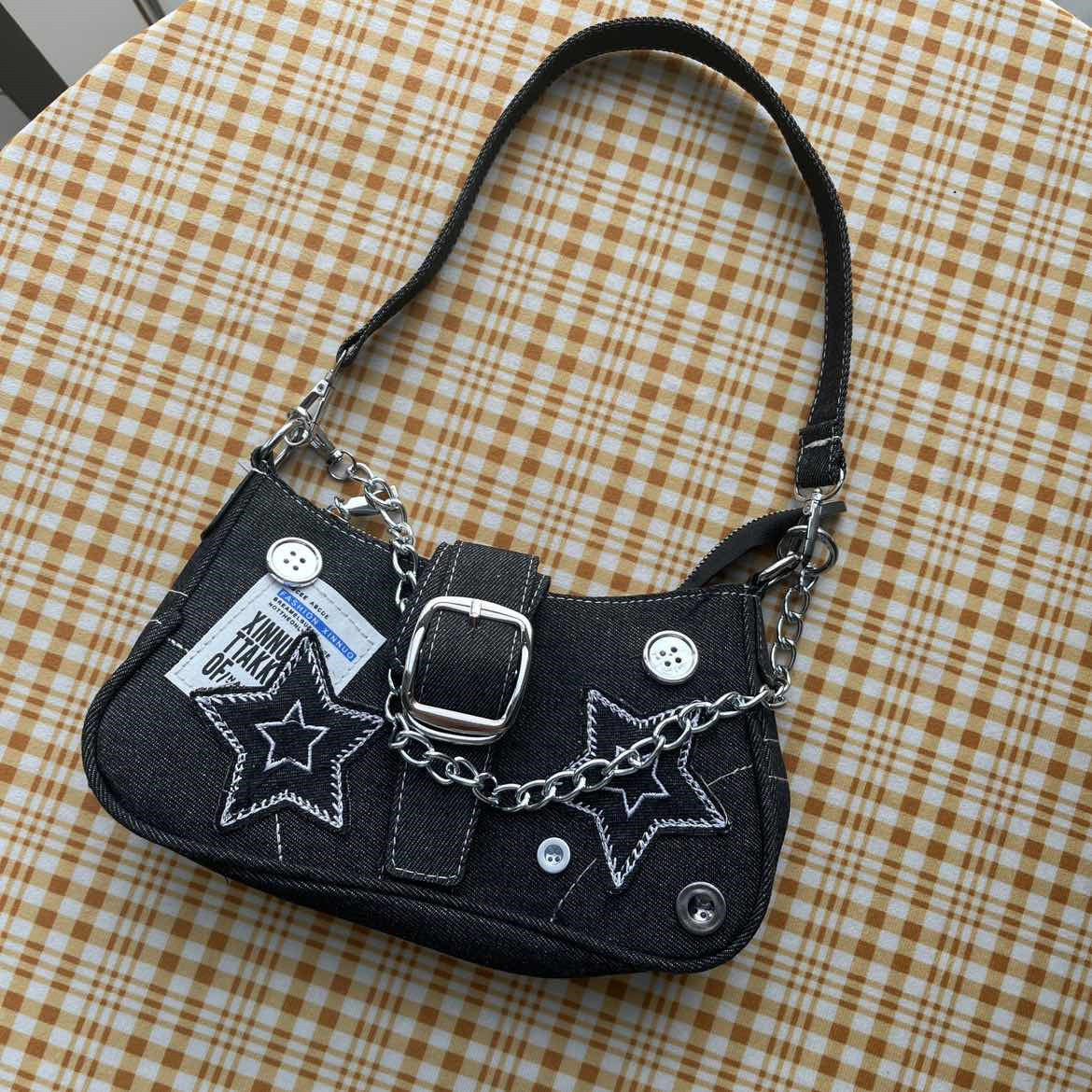 Chain Detail Star Buckled Denim Shoulder Bag