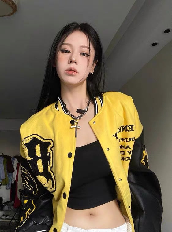 Collar Contrast Loose Baseball Jacket