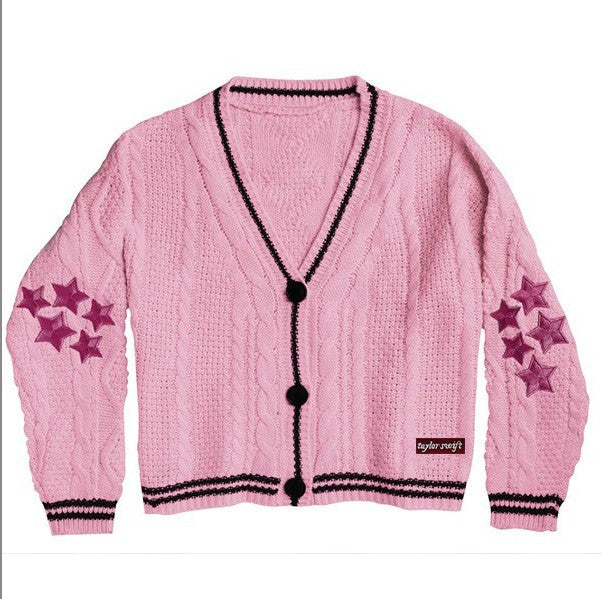 Oversize Star Embroidered Cable Knit Cardigan