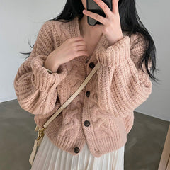 Solid V Neck Puff Sleeve Cable Knit Cardigan