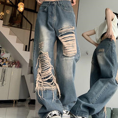 Retro Distressed Patch Ripped Baggy Jeans