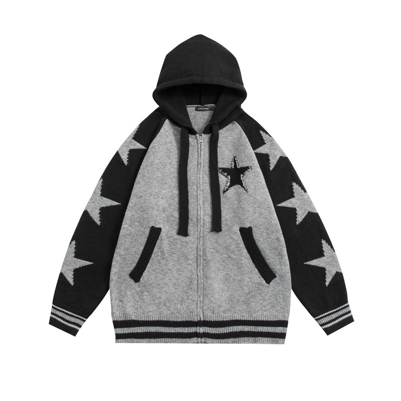 Contrast Star Jacquard Hooded Zip Up Cardigan