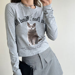 Aesthetic Cat Print Long Sleeve Crop Top