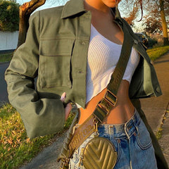 Army Green Cargo Cropped Jacket