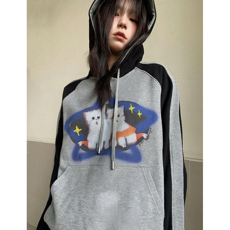 Cat Print Waffle Raglan Hoodie