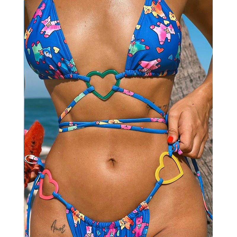 Blue Print Bear Bikini Heart Strap