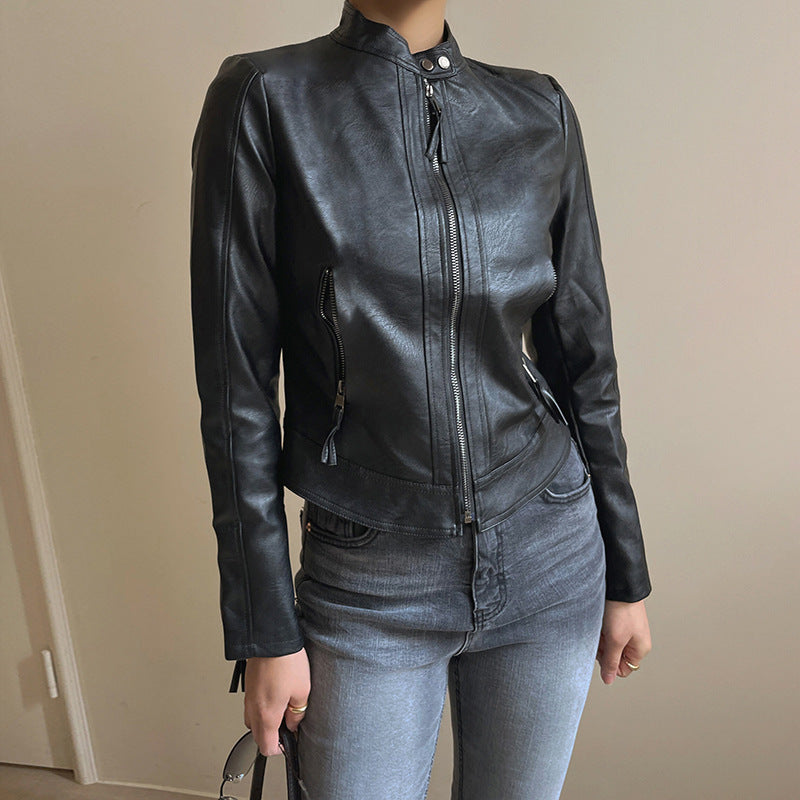 Collar Neck Zip Up Slim Moto Leather Jacket