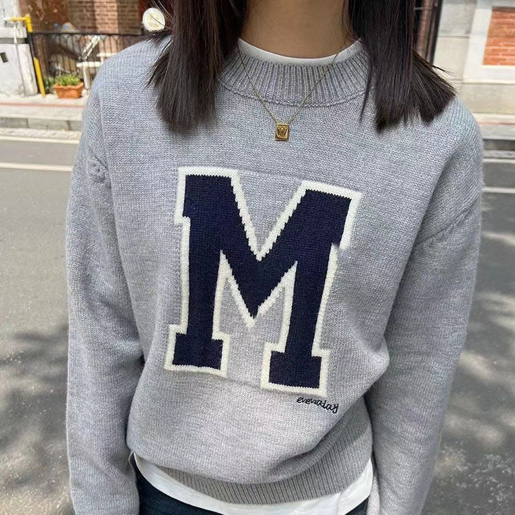 Contrast Color Letter Jacquard Knit Sweater