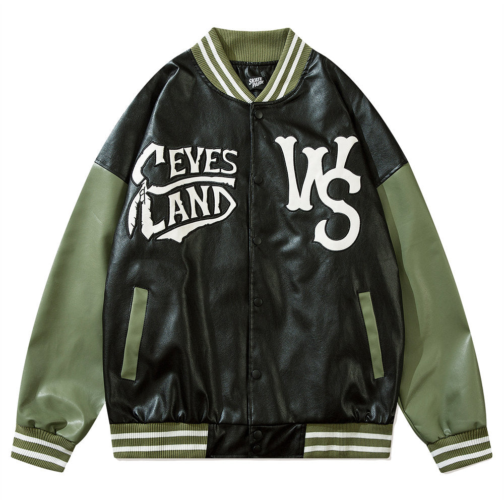 Vintage Green Embroidery Varsity Jacket