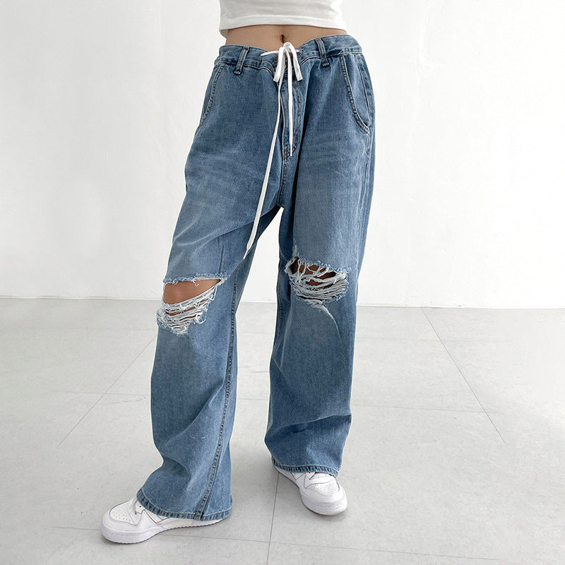 Hip Hop Irregular Ripped High Waist Tie Loose Pants