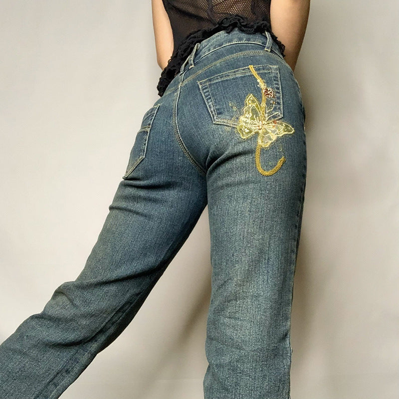 Sexy High Waist Retro Individual Butterfly Print Jeans