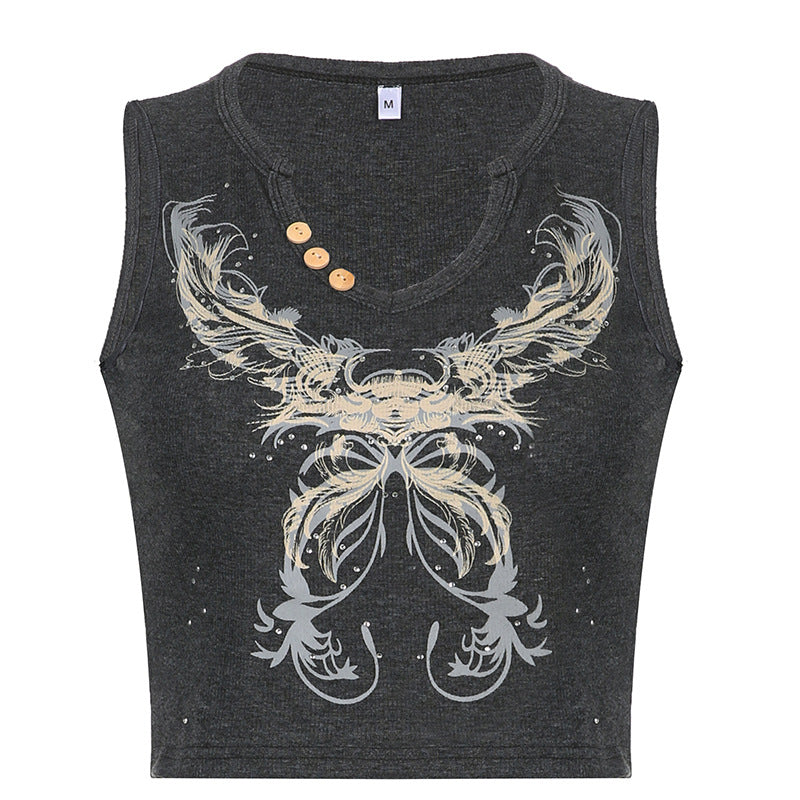 Grey Retro V Neck Three Buttons Beautiful Butterfly Print Hot Drill Sleeveless Tank Top