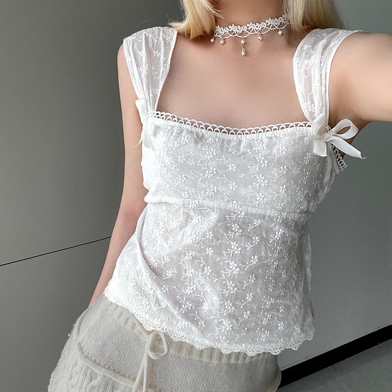 Embroidered Bow Lace Stitching Tank Top