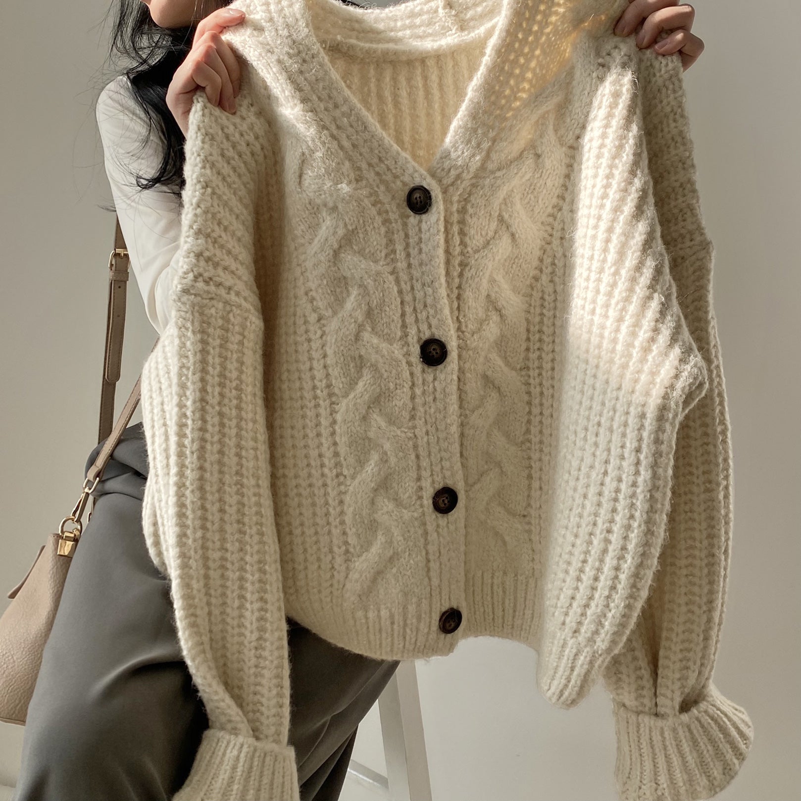 Solid V Neck Puff Sleeve Cable Knit Cardigan