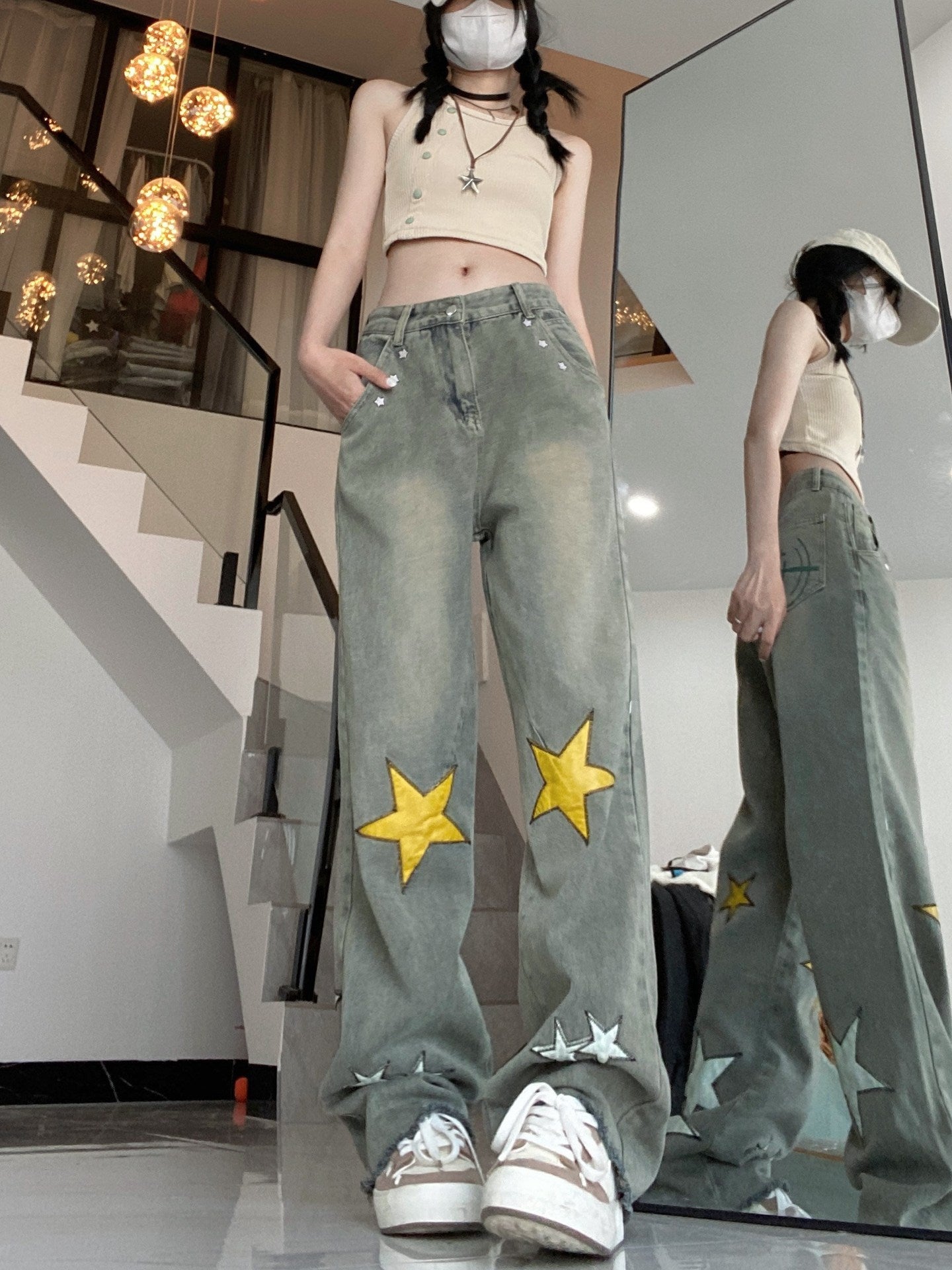 Star Patch Straight Leg Boyfriend Jeans