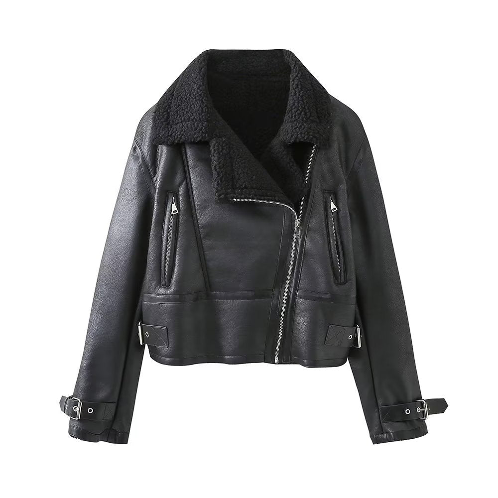 Lamb Wool Zip Up Pu Leather Jacket