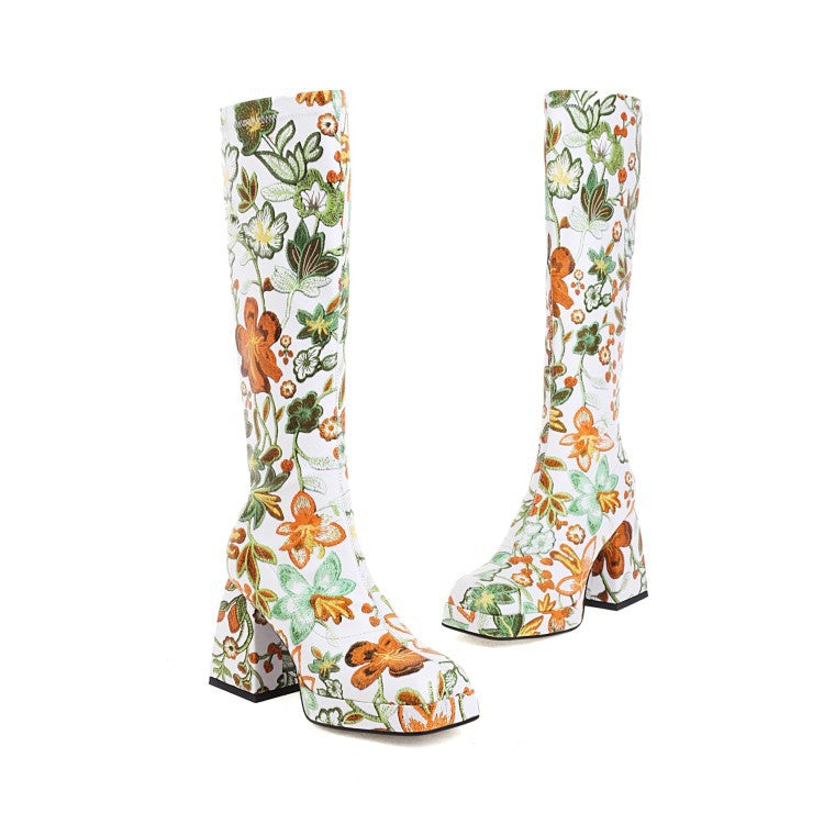 Colorful Floral Square Toe Boots